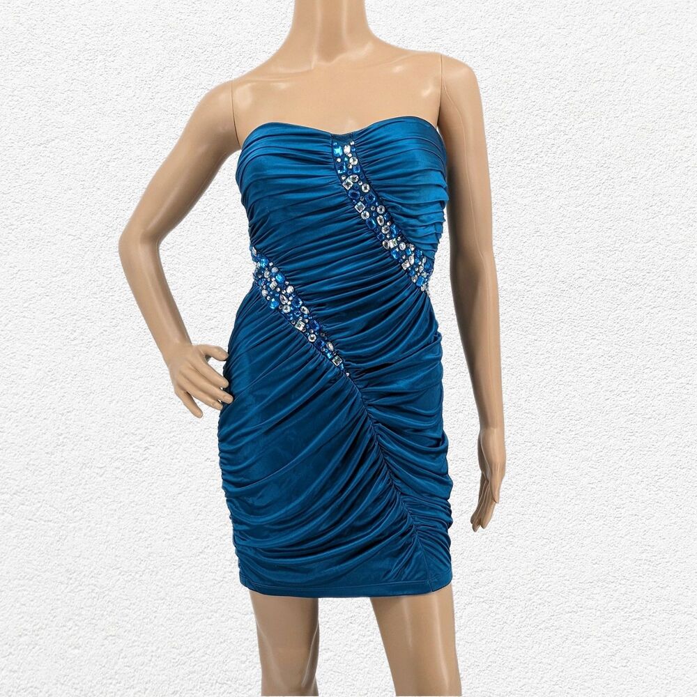 Vintage Y2K Mini Dress Strapless City Triangles Trashy Bejeweled Party Blue S